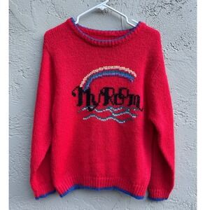 Vintage Womens Handmade 80s Red Knitted Retro Fisherman Kidcore Sweater